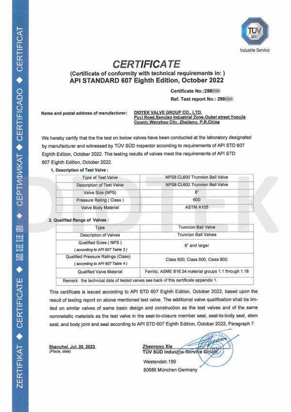 API Standard 607 Eighth Edition Certificate Of NPS8 CL600 A105 Trunnion Ball Valve